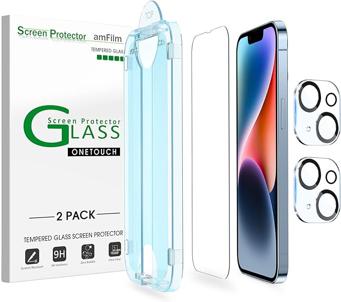 amFilm OneTouch for iPhone 14 Screen Protector 6.1'' Tempered Glass | Auto-Alignment, 30s Install, Bubble Free, Scratch & Drop Protection, HD Clear, Camera Lens Protector[2+2 Pack] (14-6.1'') by amFilm
