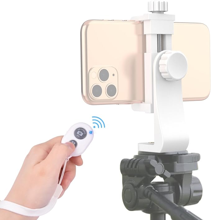 Universal Phone Tripod Mount Adapter with Ｗireless Camera Remote, Cell Phone Holder with Adjustable Clamp for Selfie Stick Monopod Compatible with iPhone, Samsung and so on -White by Zttopo