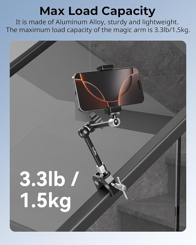 SMALLRIG Magic Arm Clamp w/ 1/4 and 3/8 Thread Holes, 9.8 Inches Adjustable | Articulating Magic Arm with Phone Holder for Action Cameras, Smartphones, LCD Monitor/LED Lights - 5326 - Image 7