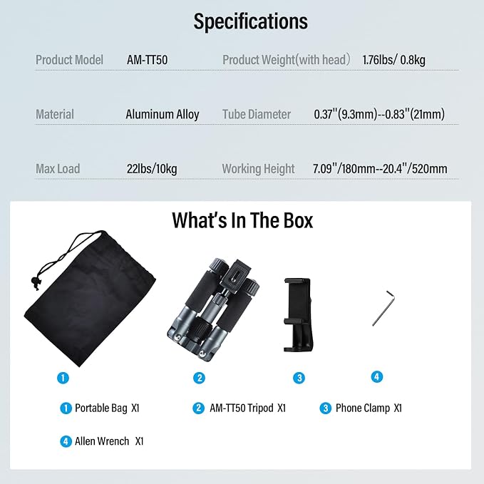 SIRUI AM-TT50 Aluminum Mini Tabletop Tripod, 360° Ball Head, 20" | 17.6LB Load, Phone Holder Included, DSLR, Mirrorless Camera, Smartphone, Portable, Desktop, Travel, Vlogging - Image 9