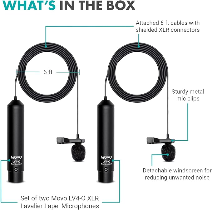 Movo LV4-O2 XLR Phantom Power Omnidirectional Lavalier Microphone Set, with Lapel Mic Clips and Windscreens - Perfect Lapel Microphone for Video Recording, Podcast, Interview, YouTube Production - Image 2