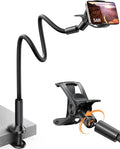 SAIJI Gooseneck Phone Holder for Bed Overall Length 38.6” Flexible Leather Wrapped Arm Overhead Cell Phone Mount Stand with 360° Adjustable Clamp Clip, Compatible with All 4-7” Cellphones (Black) | 38.6” Flexible Leather Wrapped Arm, Phone Stand with 3... by SAIJI