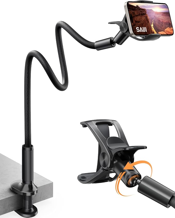 SAIJI Gooseneck Phone Holder for Bed Overall Length 38.6” Flexible Leather Wrapped Arm Overhead Cell Phone Mount Stand with 360° Adjustable Clamp Clip, Compatible with All 4-7” Cellphones (Black) | 38.6” Flexible Leather Wrapped Arm, Phone Stand with 3... by SAIJI