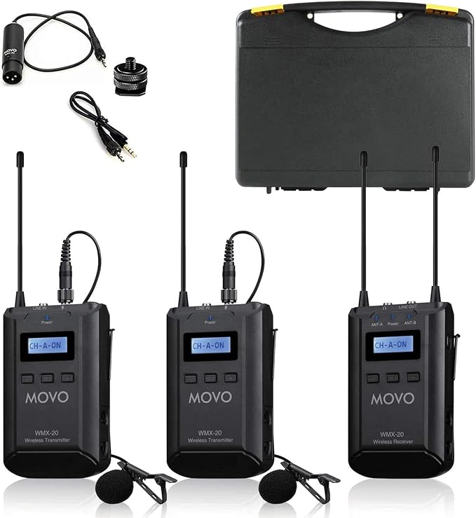 Movo WMX-20-DUO 48-Channel UHF Wireless Lavalier Microphone System with 1 Receiver, 2 Transmitters, and 2 Lapel Microphones Compatible with DSLR Cameras (330' ft Audio Range) by Movo