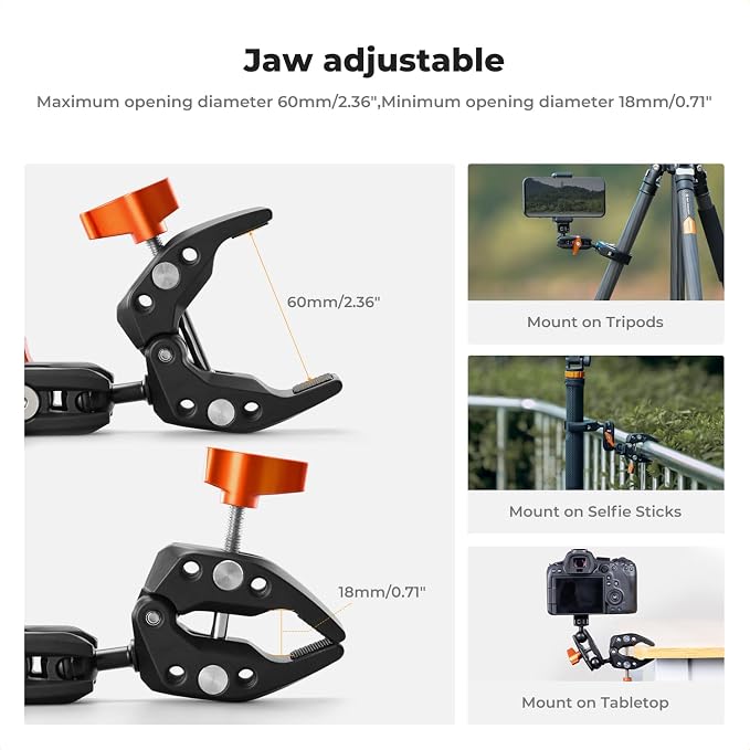 K&F CONCEPT Double Super Clamp Camera Mount with 1/4" Threads Metal Clamp | for Chair, Pole, Tripod, Desk, Flag, Umbrella, Motorcycle Mount, MS25 - Image 7