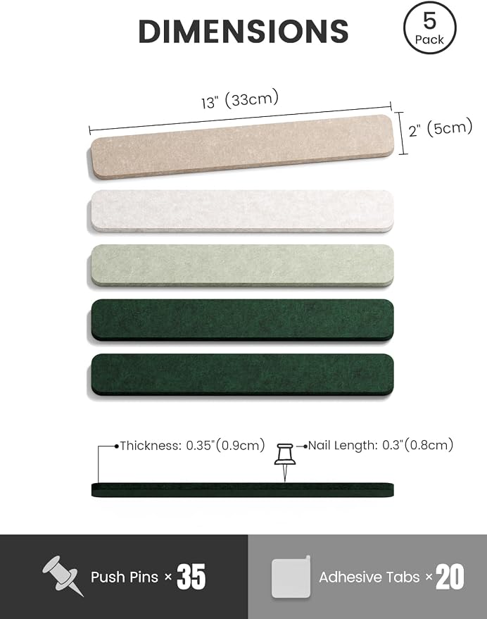 Fluxynara 13" x 2" Felt Wall Panels, Nordic Moss | 5-Pack Includes 35 Push Pins and Adhesive Tabs for Photos, Notes and Decor in Bedroom Doors, Home Office or Studios - Image 2
