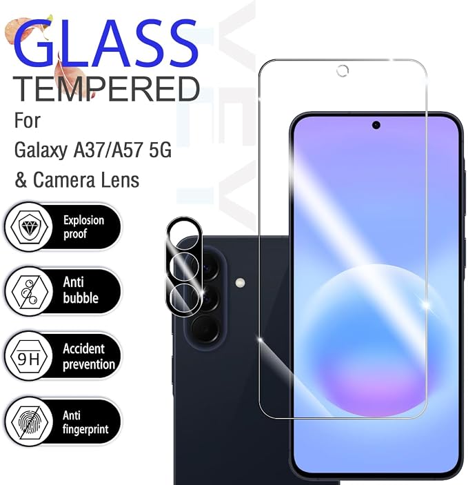 Galaxy A57 / A37 HD Clear Tempered Glass Screen Protector + Camera Lens Protectors, [2+2 Pack] [3D Glass] [Anti-Glare] [Bubble-Free] Screen Protector Glass For Samsung Galaxy A57 / A37 - Image 2
