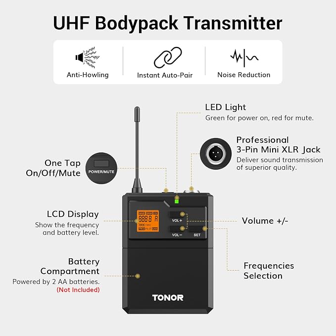 TONOR UHF Wireless Microphones System with Headset/Lavalier Lapel Mics, Bodypack Transmitter, Receiver, 4 * 10 Channels, 90 m/295ft Range for Live Singing Karaoke Church Party DJ, 4 Bodypack Mics - Image 4