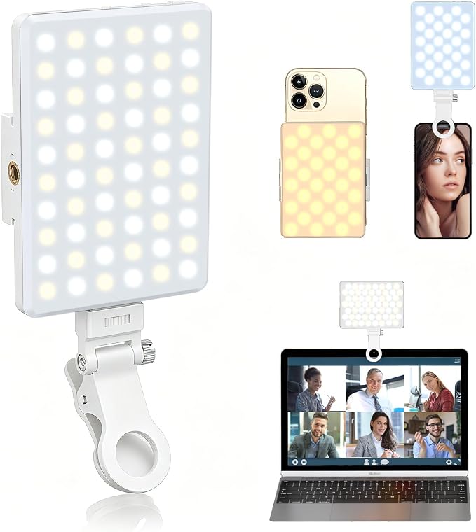 Selfie Light, Phone Light with Front & Back Clip, 60 LED Portable Light with 3 Modes, 5000mAh Rechargeable Video Light for Phone, iPhone, IPad, Laptop, TikTok, Makeup, Lighting Monolights(White) by OLRPT