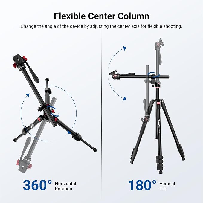 NEEWER Basics Overhead Camera Tripod Monopod with Fluid Head & Horizontal Center Column, 75.4 Inch Tall Metal DSLR Video Travel Stand, Arca Type QR Plate & Reversible Legs, Max Load 17.6 lb, TP015 - Image 2
