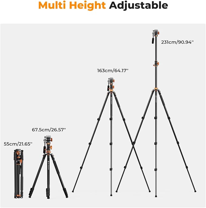 K&F CONCEPT 90''/230cm Horizontal Fluid Head Camera Tripod | Heavy Duty Overhead Shooting Video Tripods, Center Colmun, Detachable Monopod, for Indoor and Outdoor Use T254A7+FH-03 - Image 7
