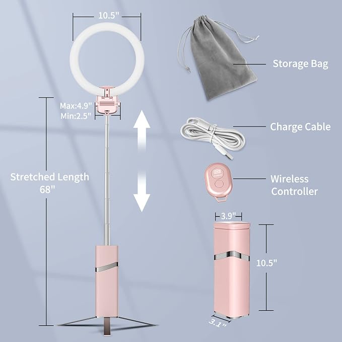 Portable Ring Light with Stand, 4000mAh Battery Operated Cordless 10" Ring Light, Foldable Travel Ring Light, 79" Tripod Stand for Video Conference/Selfie/Live Stream/Makeup，Pink - Image 6
