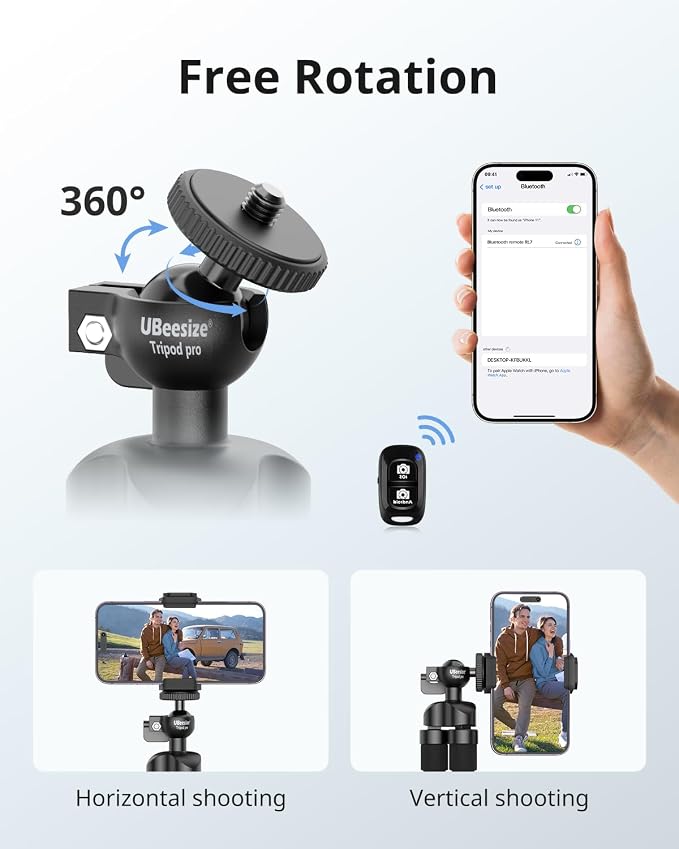 UBeesize Flexible Mini Phone Tripod, Portable and Adjustable Camera Stand Holder with Wireless Remote and Universal Clip, Compatible with Cellphones, Sports Cameras - Image 6