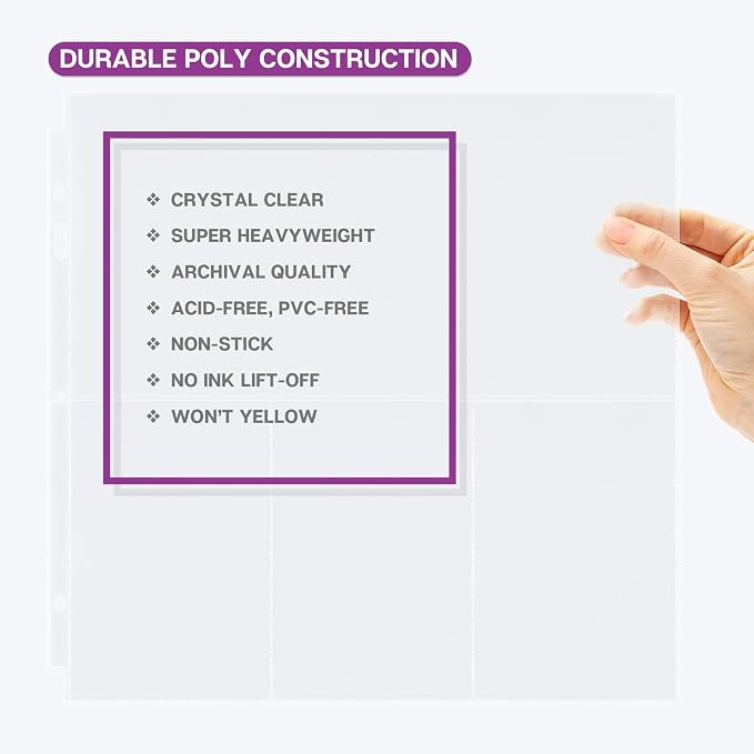 Dunwell 12x12 Scrapbook Page Protectors, 50 Pack, Fits 3-Ring Scrapbook Album Binder, Combo Layout Holds 300 4x6 Vertical Photos Plus 6x12 Top Pocket, Acid-Free Poly 12x12 Scrapbook Page Protectors - Image 4