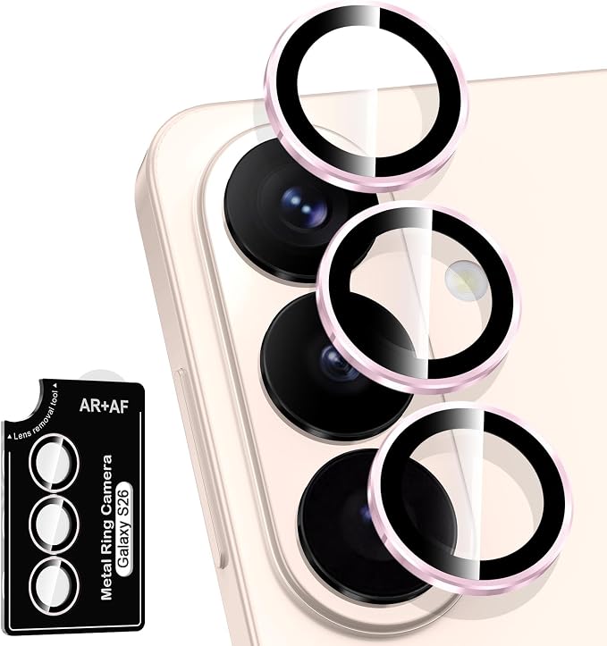 for Samsung Galaxy S26 Camera Lens Protector, Individual Metal Ring Tempered Glass Lens Cover, [Strong Adsorption] Scratch Resistant Ultra-Thin HD Clear Lens Cover, 1 Set-Pink Ring by Btscase