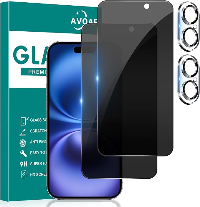 2+2 Pack Privacy Screen Protector for iPhone 16, 6.1 Inch | With Camera Lens Protector, Tempered Full Screen Glass Accessories, Anti-Spy, Bubble Free, Case Friendly by AVOAR