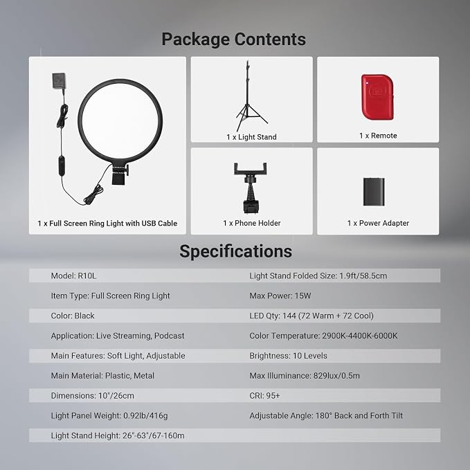 NEEWER Basics 10" Ring Light with 63" Tripod Stand/Phone Holder/Remote Compatible with iPhone, 15W Bi Color Full Screen Edge Lit LED Lighting CRI95+ for Video Recording Selfie Streaming Makeup, R10L - Image 9