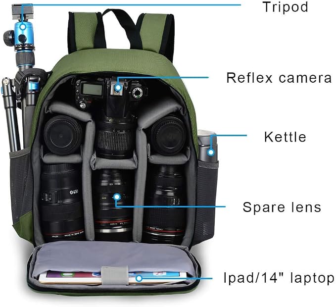 CADeN Camera Backpack Bag Professional for DSLR/SLR Mirrorless Camera Waterproof, Camera Case Compatible for Sony Canon Nikon Camera and Lens Tripod Accessories Green - Image 3