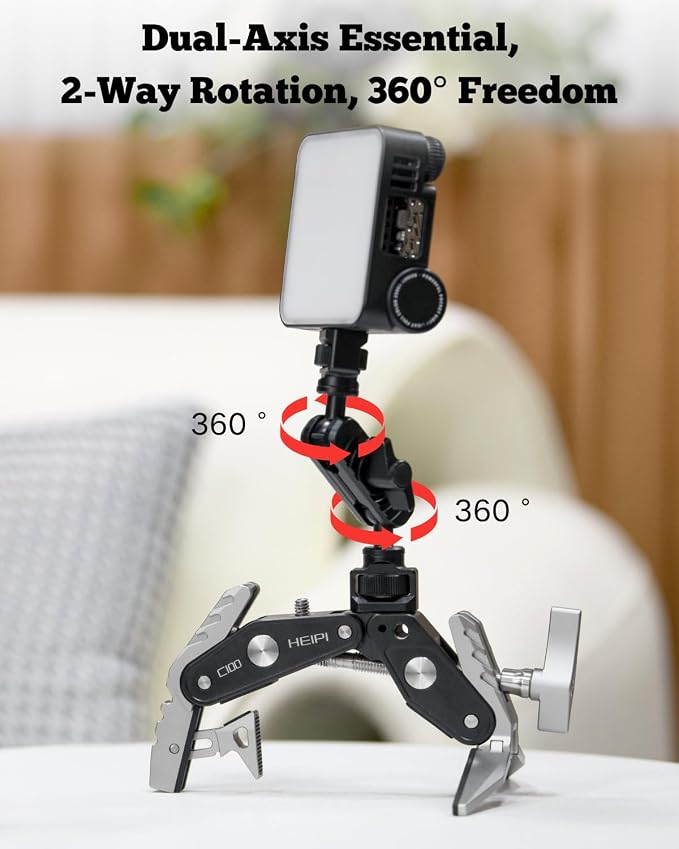 HEIPI C100 Super Clamp & MA175 Magic Arm & Phone Clip, Max Clamping 3.93" | Clamp & stand design. Max clamping 3.93" / 10cm. Dual screw mounts: 1/4"-20 & 3/8"-16. Compatible with phone - Image 3
