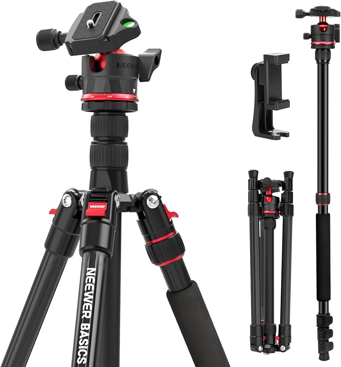 NEEWER Basics 72" / 182 cm Travel Tripod Monopod for Camera, Compact Lightweight Portable Video Recording Stand, Arca Type Ball Head, Cell Phone Holder Compatible with iPhone, Max Load 13.2 lb, TP14B by Neewer