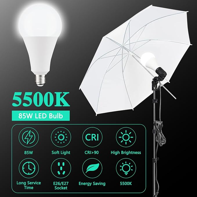 Photography Umbrella Lighting Kit with 85w Led Bulb,Muslin Backdrop (White Black), Backdrop, Clips Clamp,8.5 * 10ft Photo Background Photography Stand System for Photo Video Studio Shooting - Image 4