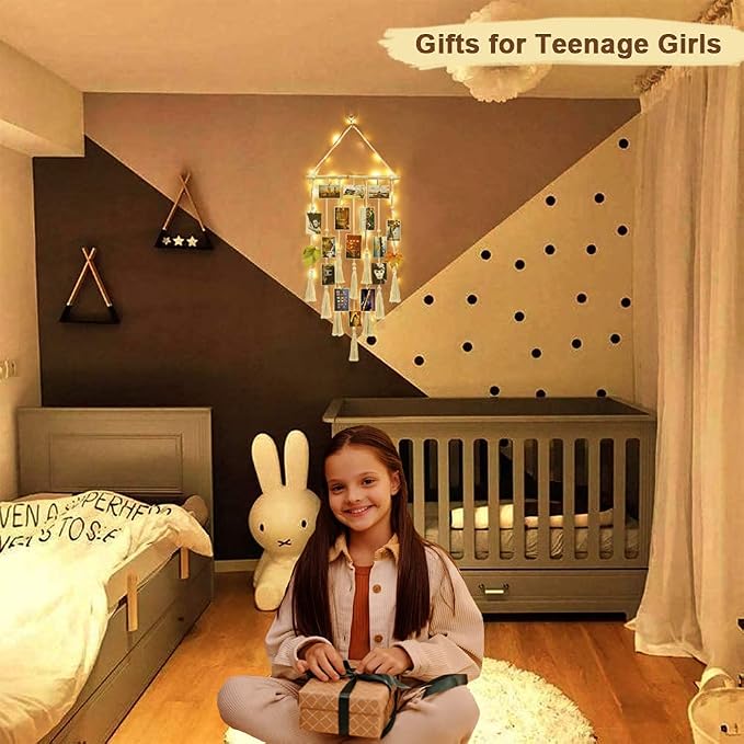 Homecor Hanging Photo Display Wall Decor, Macrame Wall Hanging Boho Room Bedroom Decor, Picture Frame Collage Board with Light 30 Clip, Christmas Teenage Teen Girl Gifts Ages 10 11 12 13 14 Years Old - Image 4