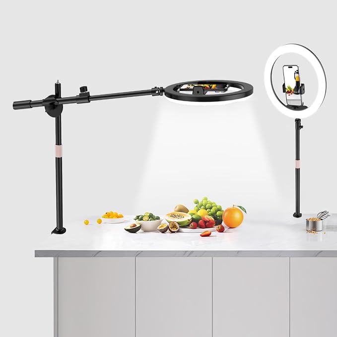 UBeesize 12" Ring Light with Overhead Phone Mount for Content Creation | Overhead Lighting with CRI95, 3 Color Modes and 10 Brightness Levels for Recording, Streaming, Desk Light Ring for Cameras by UBeesize