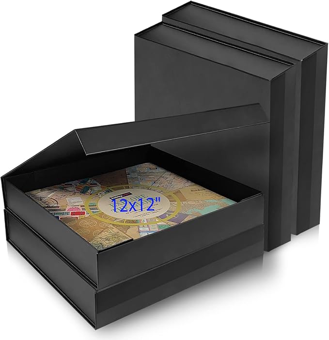 Harhana 12x12 Scrapbook Storage Box for Scrapbooks, Papers and Supplies, Odor Free, Solid Black, 4 Pack by Harhana