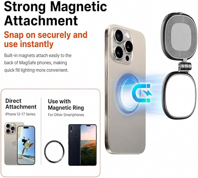 Magnetic Selfie Light Compatible with MagSafe, Foldable LED Phone Light with Mirror, 72 LEDs Stepless Brightness & Color Temperature, 360° Rotating Fill Light for Selfies, Makeup, TikTok, Zoom - Image 5