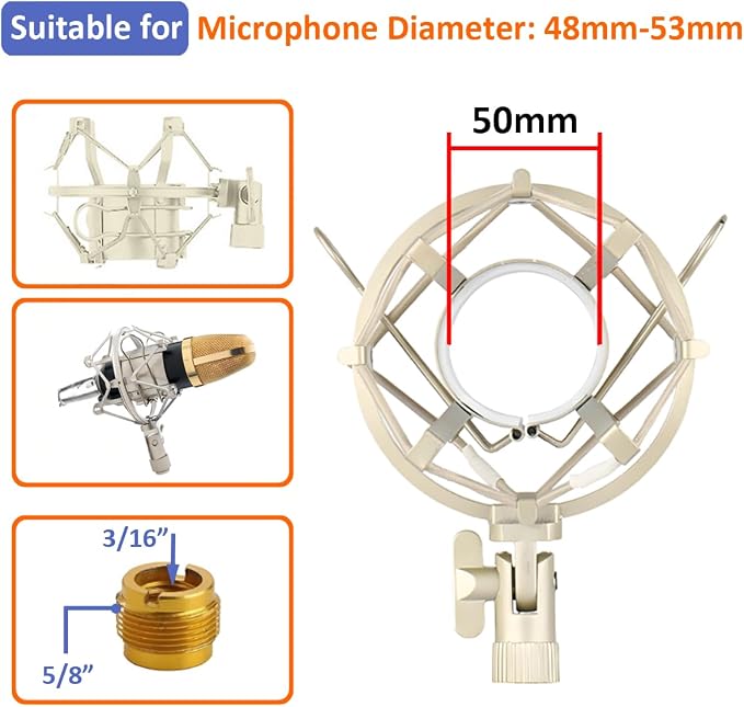 48-53mm Microphone Shock Mount Anti Vibration Mic Suspension Mount Aluminum Alloy Condenser Microphones Holder Clip with Metal Screw Adapter Isolation Absorber Studio Silver - Image 4