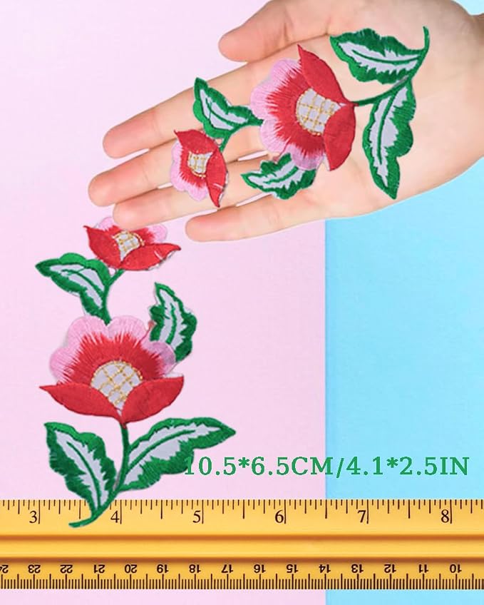 5 Pairs Floral Iron on Applique Flower with Green Vine Embroidered Patch for Collar Dress Accent Shoes Jeans Sewing Accessories Embellishment (Red) - Image 2