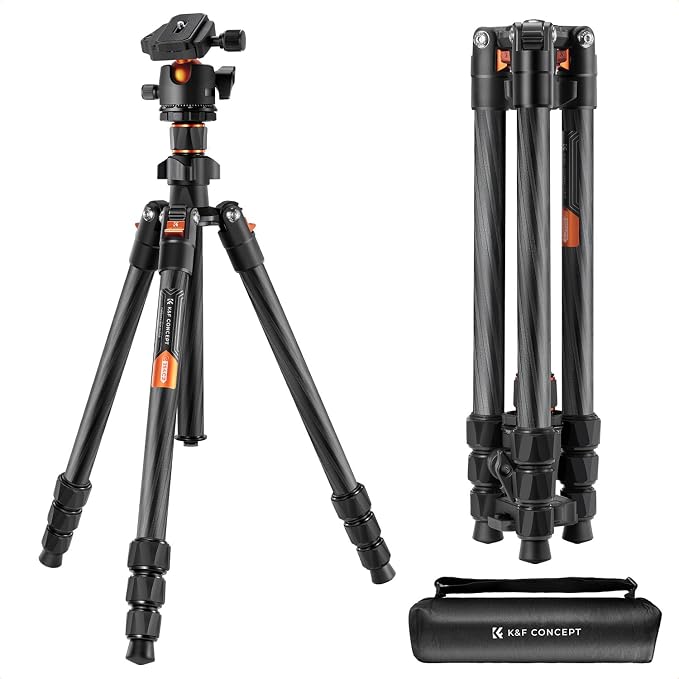K&F CONCEPT 64" Carbon Fiber Camera Tripod with 1.4" Metal Ball Head | Lightweight Travel Tripod, Max Load 17.6lbs, Quick Release Plate, For DSLR Camera Indoor Outdoor, O254C2+BH-36 by KFCONCEPT
