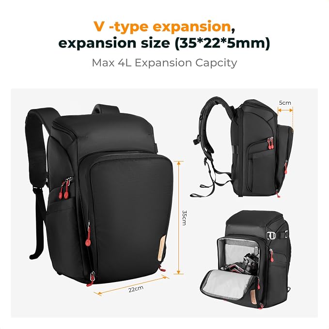 K&F CONCEPT Camera Backpack, 22L Expandable Camera Bag with Rain Cover | with Tripod Holder & 15.6in Laptop Compartment, Quick Access & Water Resistant for Canon/Nikon/Sony/DJI/DSLR Mirrorless, B06 - Image 5