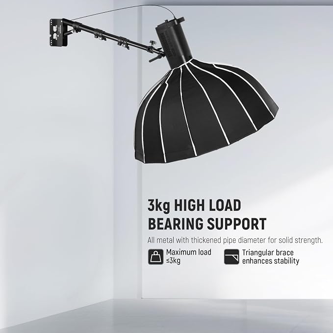 NEEWER Ring Light Wall Mount Boom Arm, 22"-46"/55-116cm, Aluminum Alloy | 180° Swivel, Triangle Light Wall Mounting, for Photography Strobe Monolight Softbox Umbrella Reflector, Max 6.6lb/3kg, WB-100 - Image 4