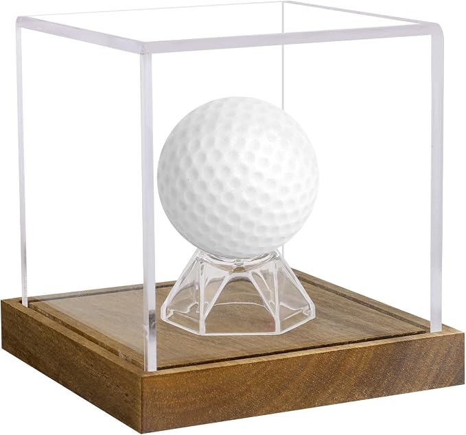 Clear Acrylic Golf Ball Display Case with Wood Base & Acrylic Holder, Memorabilia Stand Cube Holder, Dust Protection Transparent Storage Box for Single Ball Souvenir Golfball Collections by Hxezoc