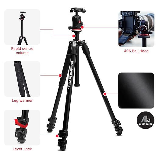 Manfrotto 290XTRA Aluminum Camera Tripod with 496 Ball Head, 3 Segments, 4 Angles, Quick Releases, Arca-Swiss Compatible, 10 kg Load Capacity, Carry Case, for DSLR & Mirrorless Cameras - Image 2