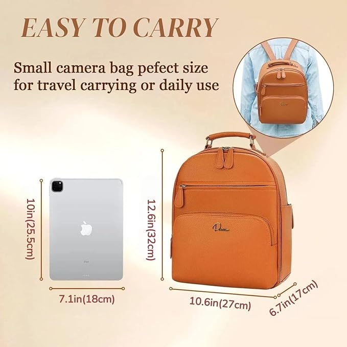 Small Camera Backpack, Classic PU Leather for DSLR, Professional Camera Bag for Photographers with 11 Inch Pad/Tablet Compartment, 10L Brown - Image 3