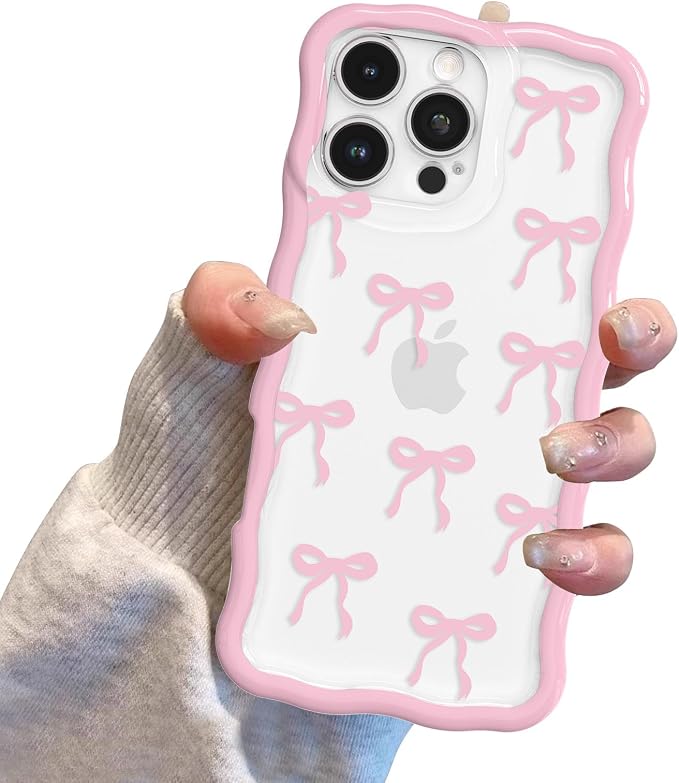 QLTYPRI for iPhone 12 Pro Max Pink Bow Case, Clear Cute Pink Ribbon Bow Phone Case Curly Wavy Aesthetic Phone Cover, Soft Slim Transparent TPU Shockproof Protective Cover for Women Girls - Ribbon Bow - Image 7