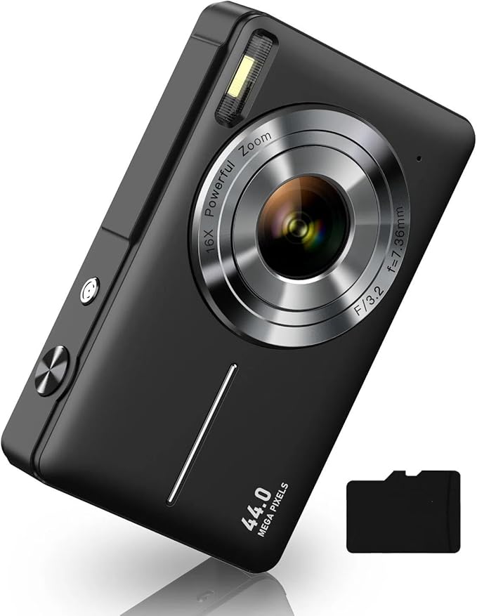 Digital Camera 1080P with 32G Card 16X Zoom Flash Portable for Kid, Black | Compact camera with anti-shake, Includes 2 batteries & charger. Perfect for parties, trips, birthdays gift from parents. by CAMKORY