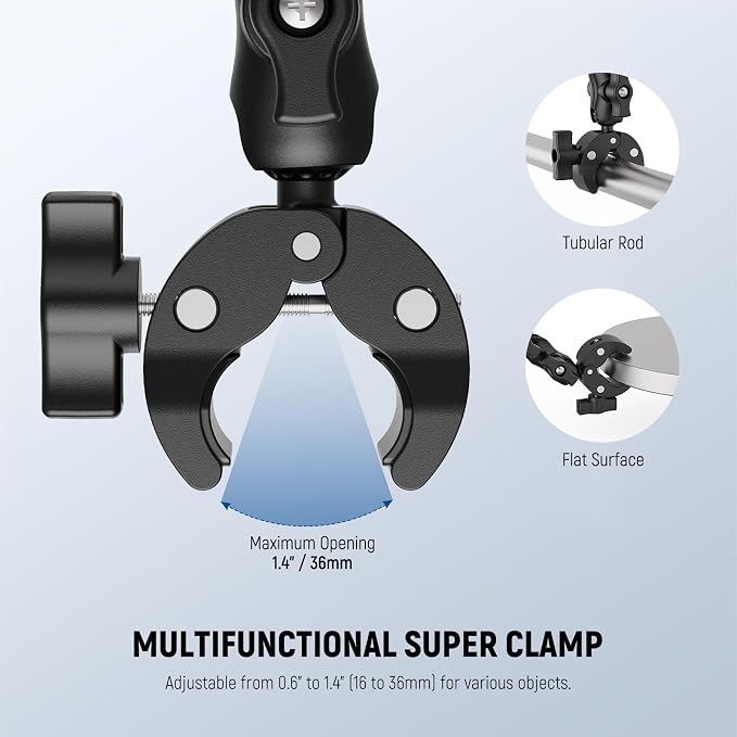 NEEWER Double Super Clamp Mount with Magic Arm, 360° Umbrella Flag Pole Clamp Holder for Desk Photo Studio Light Stand Photography Reflector Scrim Cross Bar Motorcycle Handlebar Stroller Chair, CA160 - Image 3
