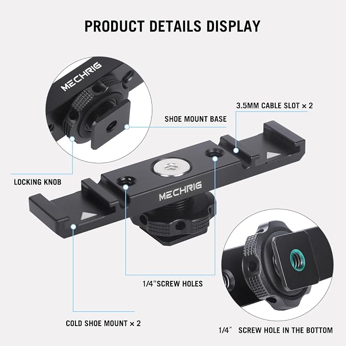 Dual Cold Shoe Extension Bar Mount, Aluminum Dual Hot Shoe Mount Bracket with 1/4" Thread & Cable Slot, Cold Shoe Bracket for DSLR Camera LED Video Light Microphone Monitor (62034) - Image 7