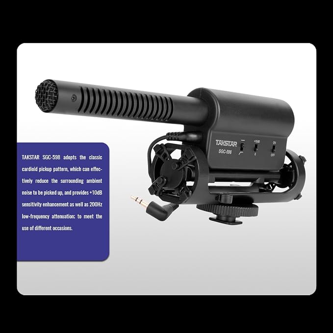 TAKSTAR SGC-598 3.5mm Cardioid Shotgun Microphone for Camera | Cardioid Condenser, +10dB Gain, 200Hz Low-Cut, Shock-Resistant - Image 3