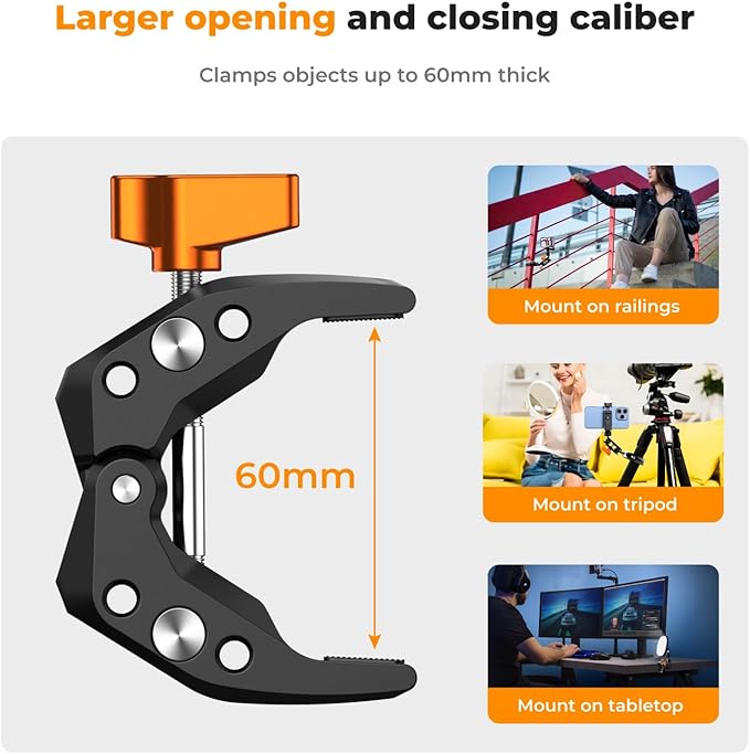 K&F CONCEPT Camera Mount Clamp, Super Crab Clamp with 1/4" Thread Holes | 60mm Max Opening for Round Pipe Flat Surface, Monitors, LED Lights, and Other Photographic Accessories, MS15 - Image 5