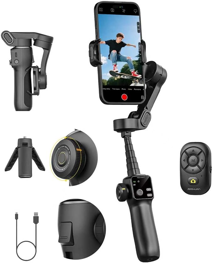 AOCHUAN Gimbal Stabilizer for iPhone w/Bluetooth Remote, 3-axis Phone Stabilizer w/7.8” Extension Rod, AI Face Tracking Smartphone Gimbal, Gesture Control for Video Shooting - Smart V8 Kit Black by AOCHUAN