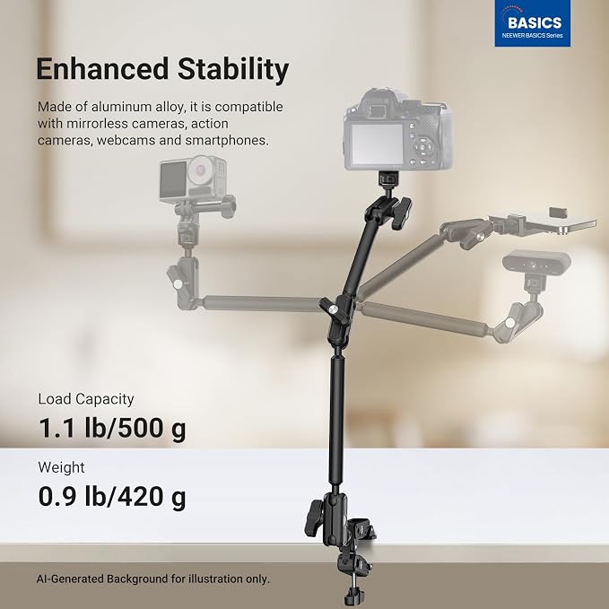 NEEWER Basics Magic Arm Table Stand, 55 cm Microphone Arm Overhead Mobile Phone Holder Desk with 1/4" 3/8" Threads for ARRI, for DSLR Action Cam Webcam Mic LED Light for Video Reinforcement, UA061 - Image 2