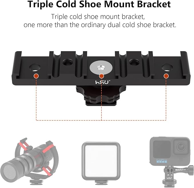 HSU Cold Shoe Mount Bracket, Triple-Head Hot Shoe Mount, 1/4 Screw Port, Aluminum Cold Shoe Plate Adapter with Cable Slot Bayonet for Microphone, Led Video Light, Monitor - Image 2