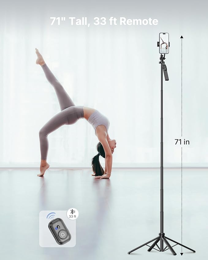 4-Leg Phone Tripod, 71-inch Selfie Stick for iPhone & Android | Anti-Slip Quadrapod Base, Snap-Release Phone Holder, Aluminum Alloy Pole for Durability, Secondary Handle Grip for Stability - Image 7