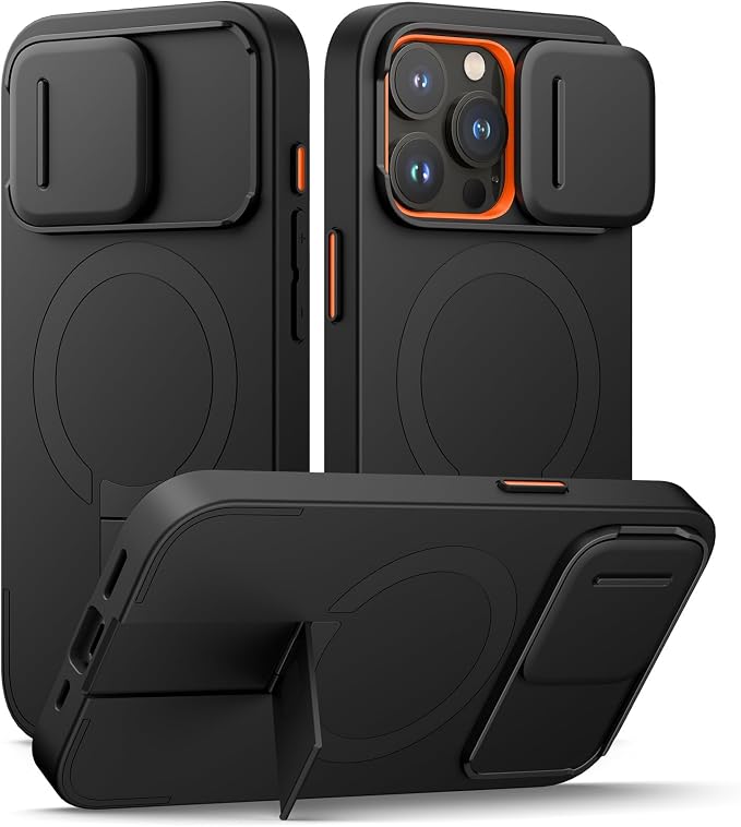 SURITCH for iPhone 15 Pro Case with Magnetic Camera Slide Cover and Adjustable Kickstand, Compatible with MagSafe, Shockproof Bumper Case Slim Protective Cover 6.1 Inch, Black by SURITCH