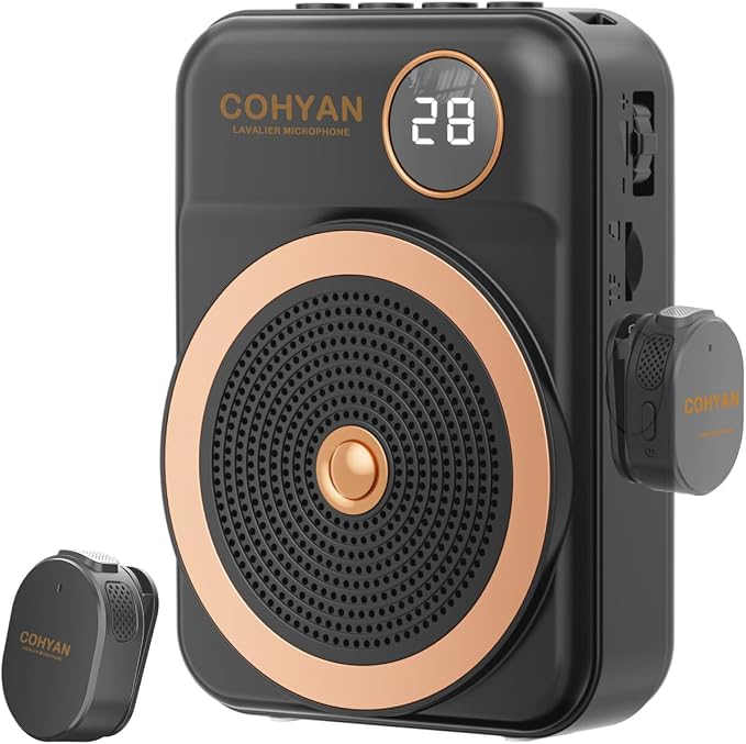 Voice Amplifier for Teachers with Wireless Lavalier Lapel Microphone Portable Bluetooth Microphone & Speaker, Rechargeable Bullhorn Megaphone for Classroom, Meetings, Yoga (Black) by COHYAN