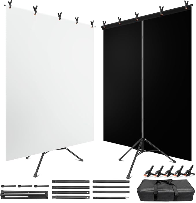 Black White Backdrop Screen with Stand Kit for Photo Video Studio Filming 5X6.5ft, Black Backdrop White Photo Curtain Background with T Shape Stand and 5 Spring Clamp for Photography Party Decorations by JEBUTU